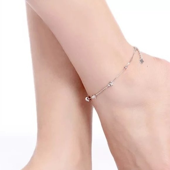 14k Gold Star Beads Bracelet/Anklet Sterling Silver - Picture 5 of 10
